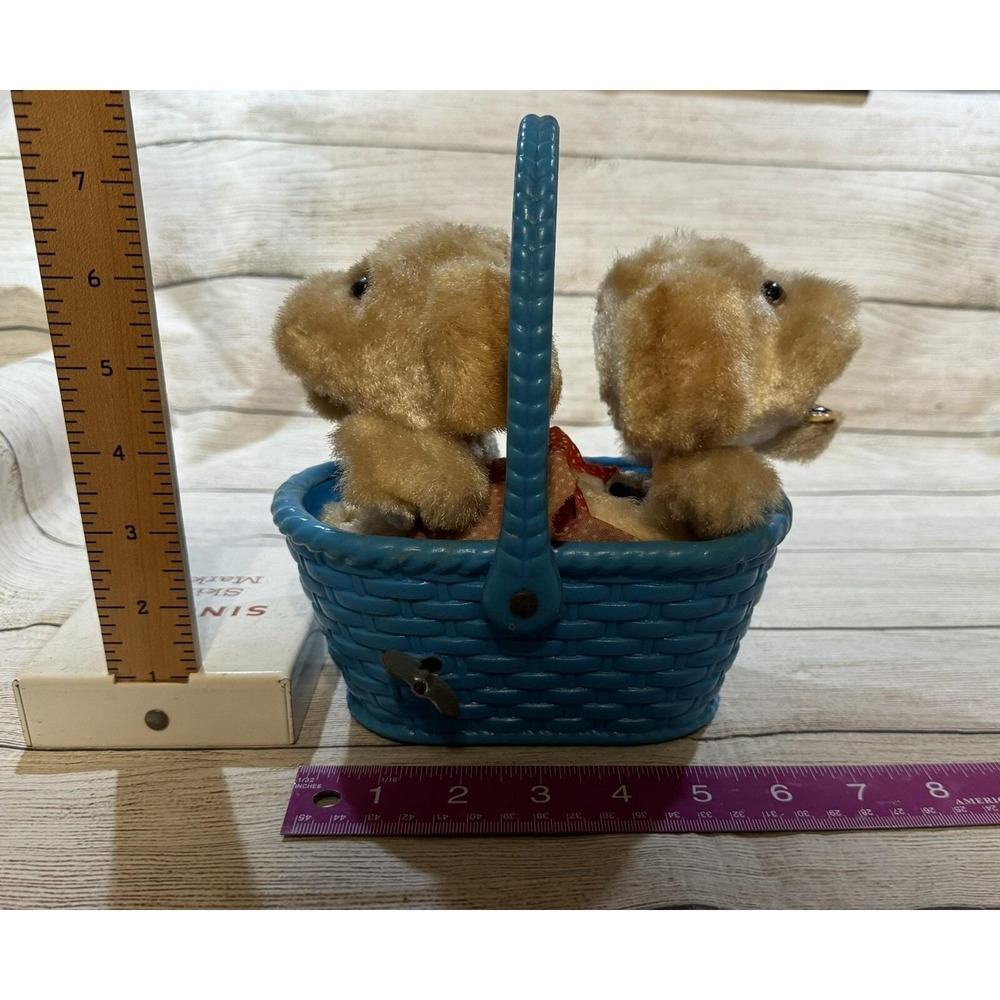 Vintage Wind Up Barking Puppies in a Blue Basket Made in Japan See VIDEO TubH2